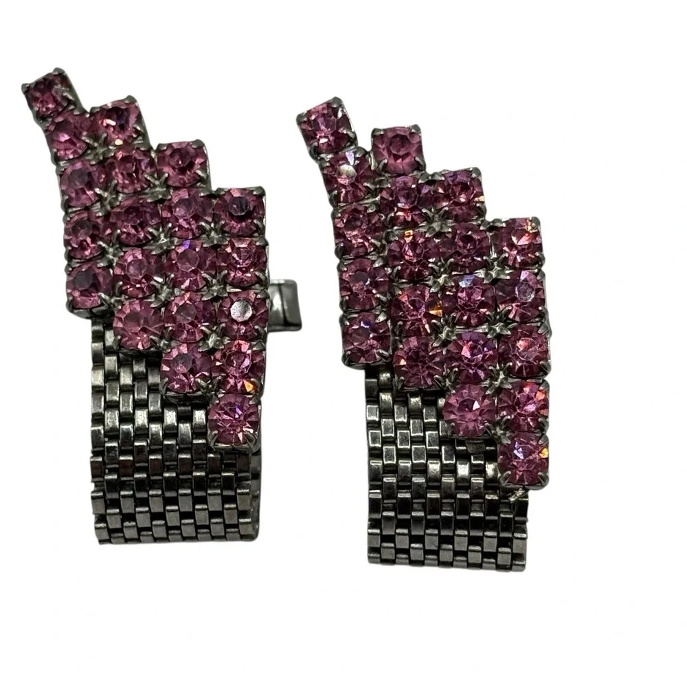 Pink Rhinestone Cufflinks Mesh Wrap Around Silver Tone Statement Chunky Vintage